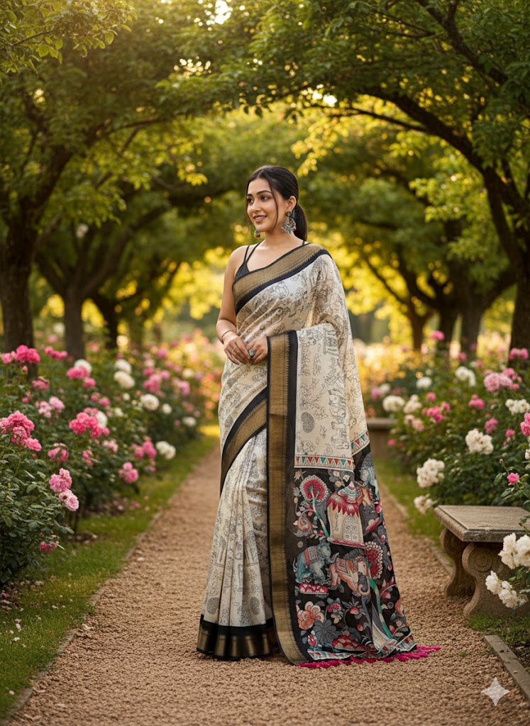 Black and White Kalamkari Print Saree