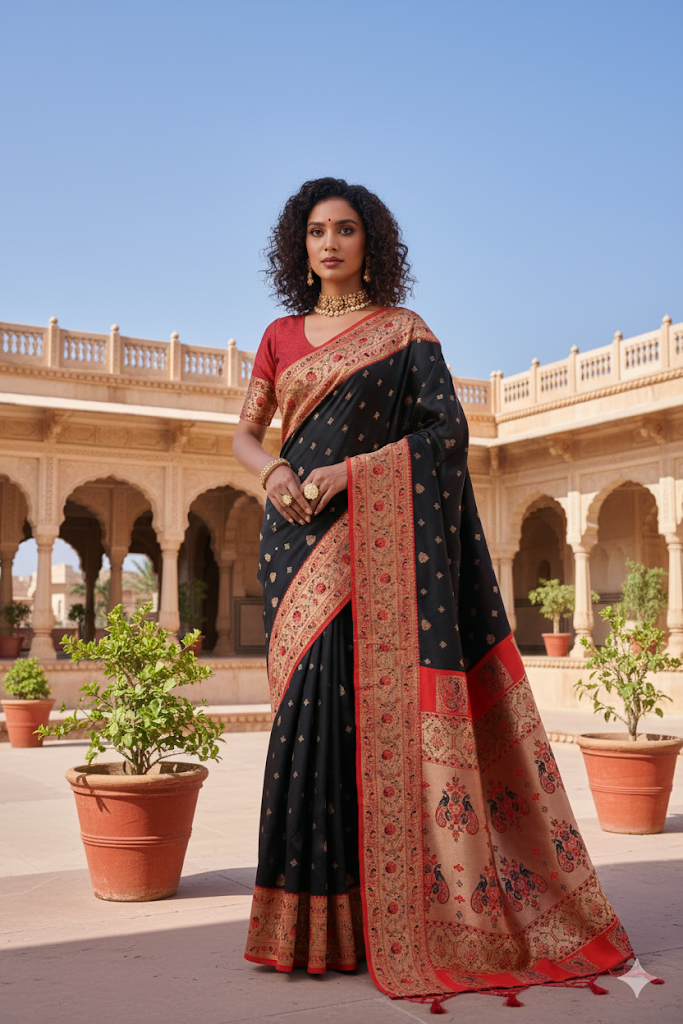 Black Paithani Saree with Red Contrast Border & Rich Pallu ✨