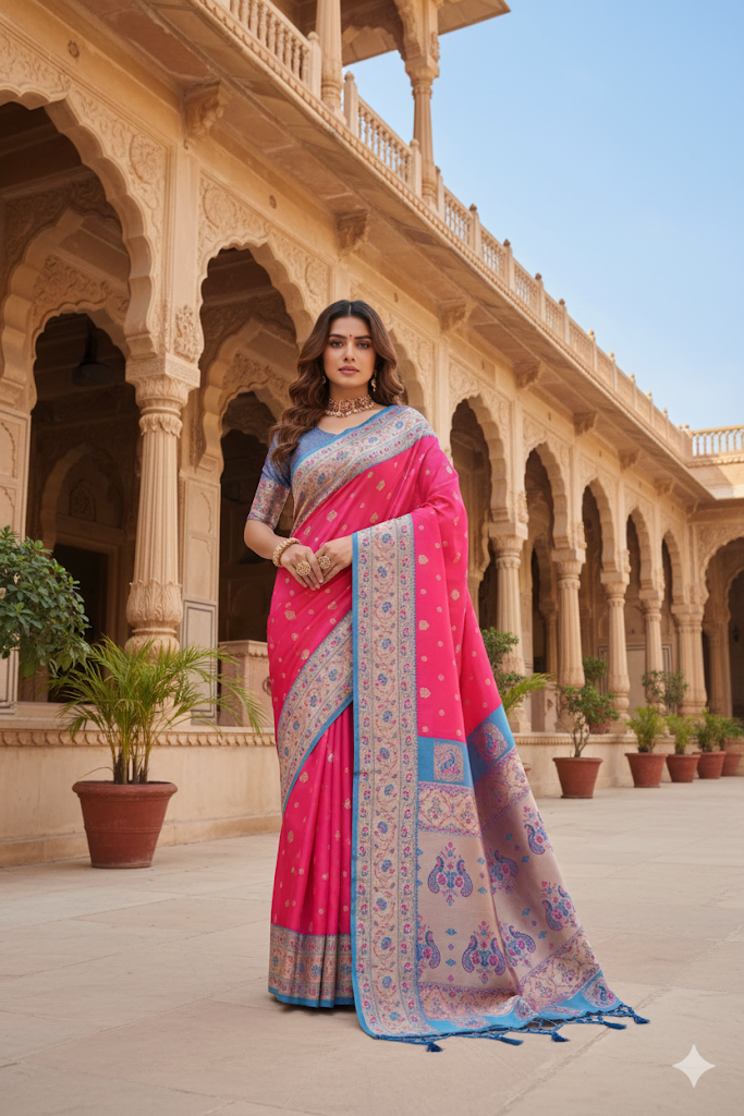 Rani Pink Paithani Saree with Blue Contrast Border & Rich Pallu