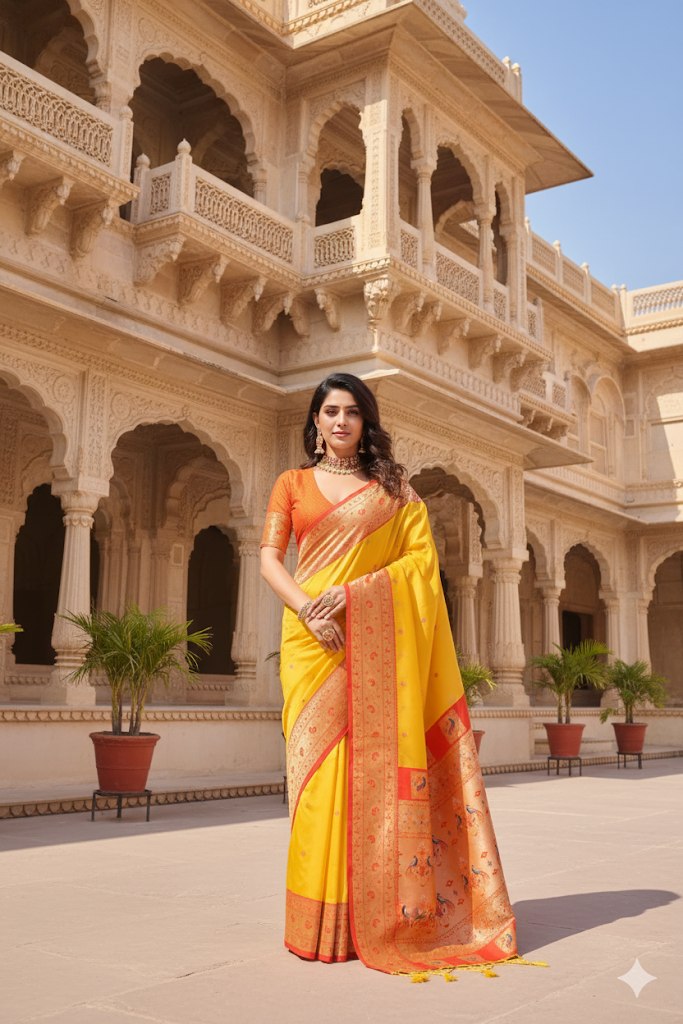 Yellow Paithani Saree with Orange Contrast Border & Rich Pallu ✨