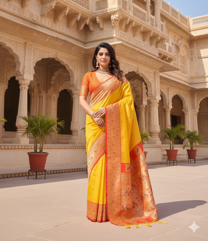 Yellow Paithani Saree with Orange Contrast Border & Rich Pallu ✨
