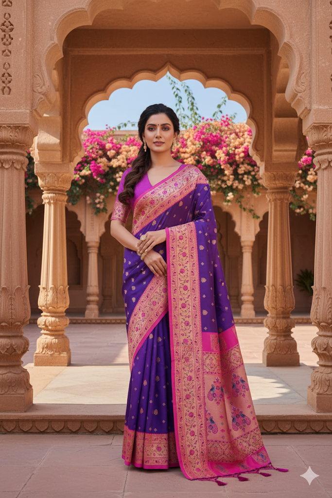 Royal Purple Paithani Saree with Pink Contrast Border & Meena Pallu