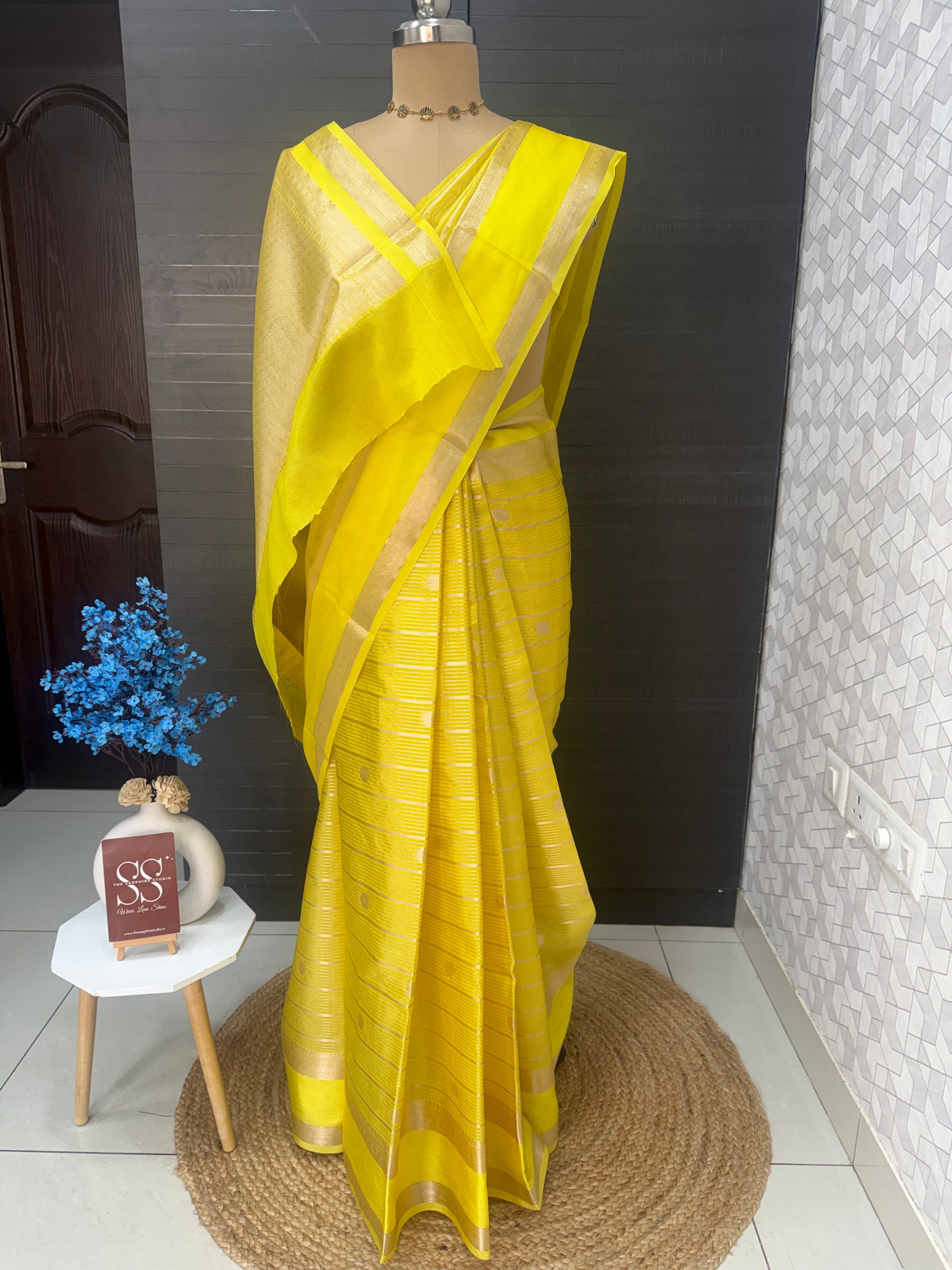 yellow Banarasi Chiniya silk saree with zari buti work, lightweight festive saree for women, haldi wedding saree and puja wear India