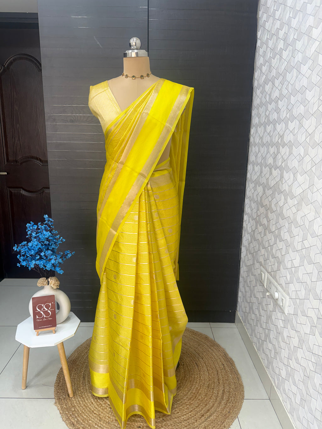 yellow Banarasi Chiniya silk saree with zari buti motifs and pallu, lightweight festive saree for weddings, pujas and cultural celebrations