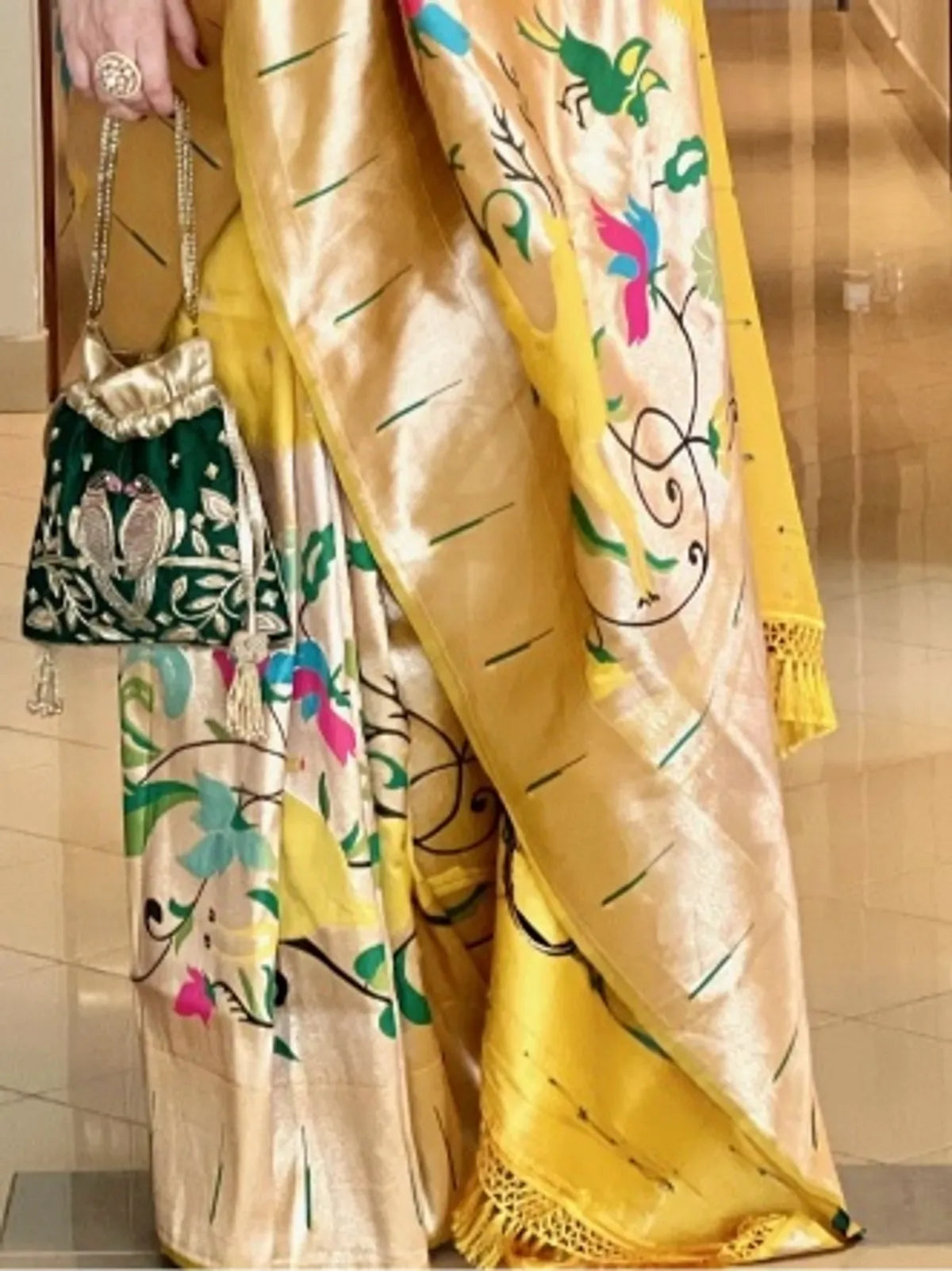 yellow Paithani silk saree with peacock Meena pallu and broad zari border, bridal festive saree for haldi and wedding ceremonies, traditional saree India